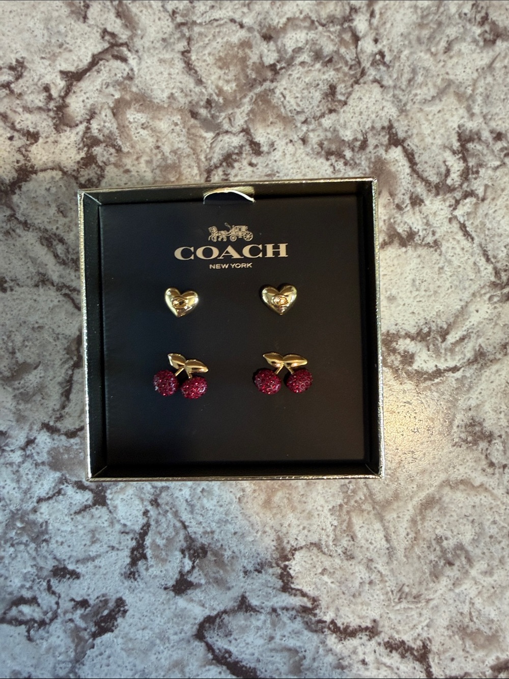 Coach Gold Heart and Raspberry Cherry Stud Earrings Set
